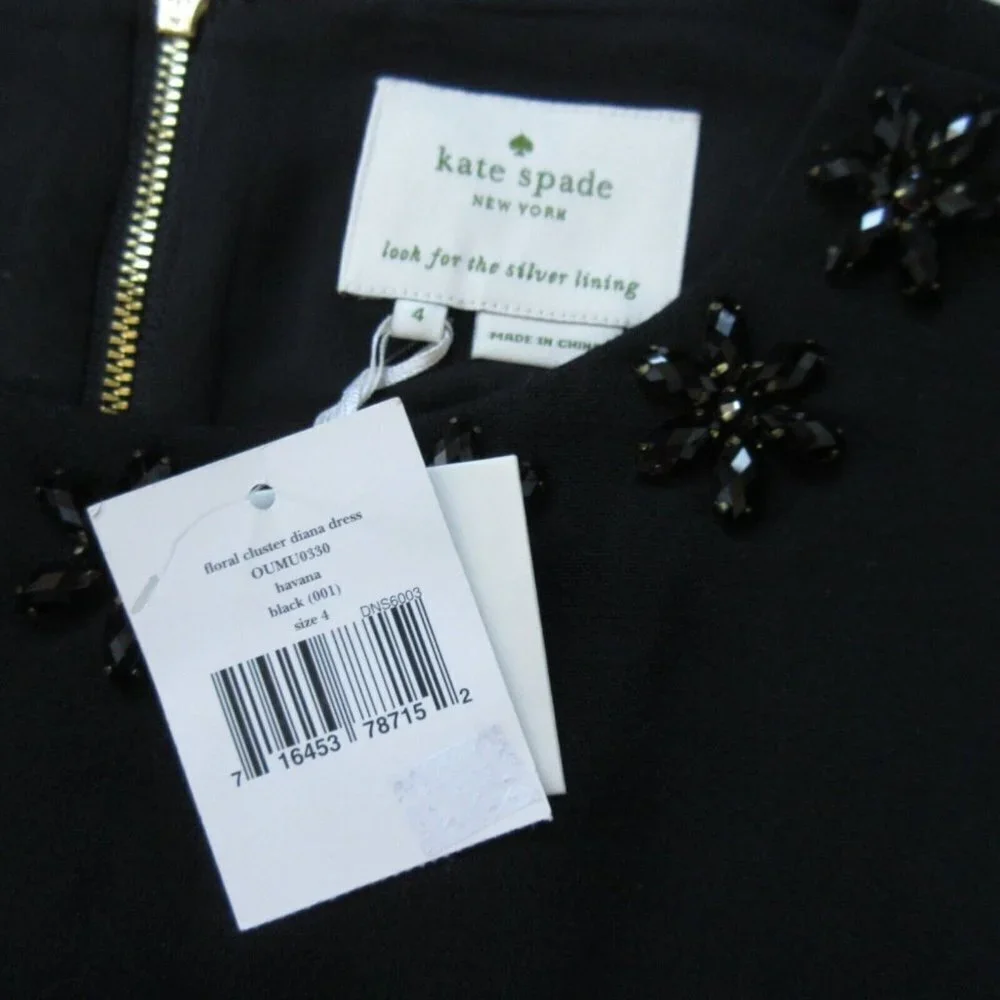 NWT kate spade Floral Cluster Diana in Black Jewel Embellished Crepe Dress 4